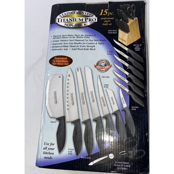 Titanium Professional Knives Set of 15 with Knife Block Wooden Storage Holder - Picture 1 of 4